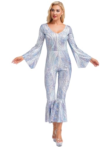 inhzoy Damen Disco 70er Jahre Outfit Glitzer Pailletten Jumpsuit Schlaghose Hippie Faschingskostüme Party Clubwear Silber M inhzoy Damen Disco 70er Jahre Outfit Glitzer Pailletten Jumpsuit Schlaghose Hippie Faschingskostüme Party Clubwear Silber M von inhzoy