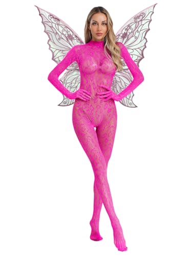 inhzoy Damen Fee Kostüm Set Glitzer Fee Schmetterling Flügel Und Fischnetz Ganzanzug Faschingskostüme Nymphe Zahnfee Cosplay Outfit Rosa Einheitsgröße von inhzoy