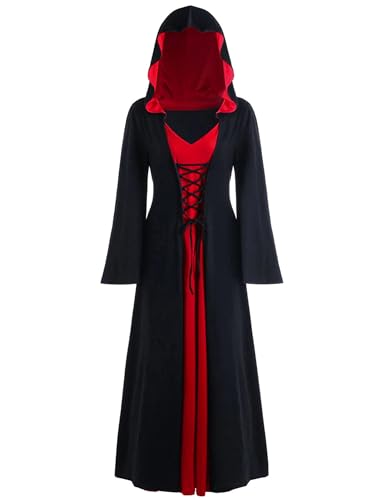 inhzoy Damen Gothic Mittelalter Kleider Vintage Hexe Vampir kostüm Maxikleid Mit Kapuze Halloween Karneval Kostüm Party Festkleid Rot 4XL von inhzoy