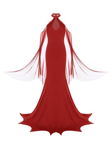 inhzoy Damen Halloween Teufel Kostüm Kleid Netzumhang Maxikleid Karneval Faschingskostüme Dämonin Cosplay Hölle Mottoparty Outfit Rot XXL von inhzoy