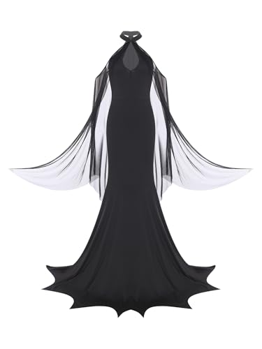 inhzoy Damen Halloween Teufel Kostüm Kleid Netzumhang Maxikleid Karneval Faschingskostüme Dämonin Cosplay Hölle Mottoparty Outfit Schwarz XXL von inhzoy