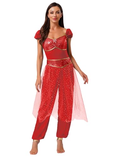 inhzoy Damen Kostüm Arabische Orient Prinzessin Kostüm Pailletten Jumpsuit Tüll Haremhose Karneval Kostüm Party Tanz Outfit Rot M von inhzoy