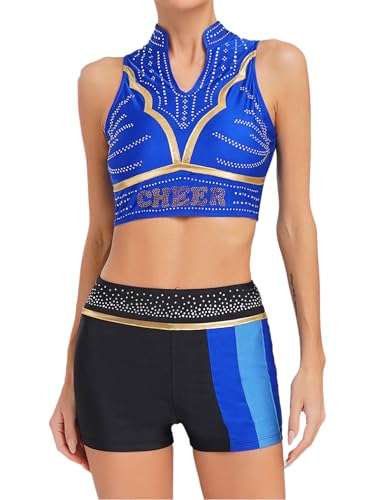 inhzoy Damen Kostüm Cheer Leader Halloween Karneval Glitzer Strass Crop Top Und Shorts Gymnastik Tanz Trainingsanzug Jogginganzug Königsblau L von inhzoy