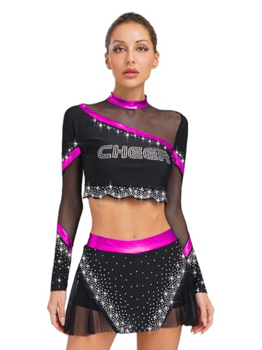 inhzoy Damen Kostüm Cheer Leader Halloween Karneval Langarm Strass Mesh Crop Top Minirock Tanz Trainingsanzug Hotpink XXL von inhzoy