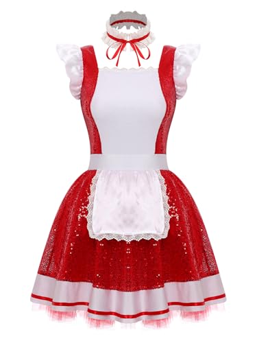 inhzoy Damen Kostüm Dienstmädchen Maid Schürze Pailletten Tutu Kleid Und Halsband Anime Cosplay Verkleidung Karneval Faschingskostüm Rot XL von inhzoy
