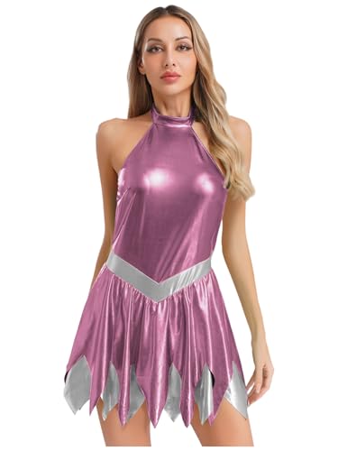 inhzoy Damen Kostüm Fee Glänzend Metallic Elf Kleid Märchen Cosplay Party Karneval Faschingskostüme Halloween Rosa L von inhzoy