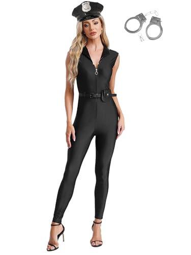 inhzoy Damen Kostüm Polizistin Overall Polizei Accessoires 4 Teiliges Frauen Halloween Fasching Kostüm Cosplay Party Clubwear Schwarz XXL von inhzoy