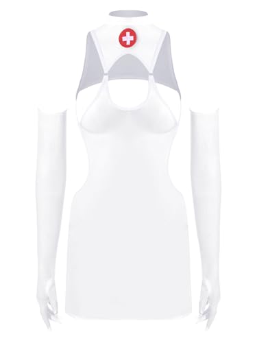 inhzoy Damen Krankenschwester Kostüm Nurse Cosplay Durchsichtiges Minikleid Handschuhe Set Für Fasching Halloween Party Weiß Einheitsgröße von inhzoy