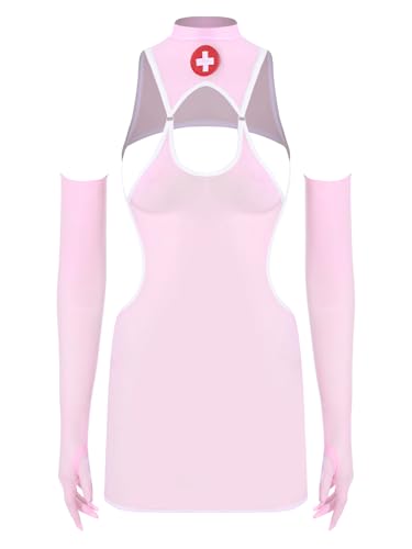 inhzoy Damen Krankenschwester Kostüm Nurse Cosplay Durchsichtiges Minikleid Handschuhe Set Für Fasching Halloween Party Weiß&Rosa Einheitsgröße von inhzoy