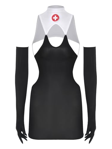inhzoy Damen Krankenschwester Kostüm Nurse Cosplay Durchsichtiges Minikleid Handschuhe Set Für Fasching Halloween Party Weiß&Schwarz Einheitsgröße von inhzoy