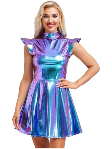 inhzoy Damen Metallic Kleid Glitzer Rave Party Tanzkleid Glänzend Holographic Skater Kleid Disco Karneval Kostüm Blau XXL inhzoy Damen Metallic Kleid Glitzer Rave Party Tanzkleid Glänzend Holographic Skater Kleid Disco Karneval Kostüm Blau XXL von inhzoy