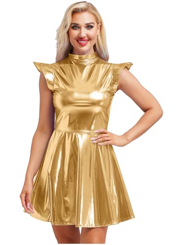 inhzoy Damen Metallic Kleid Glitzer Rave Party Tanzkleid Glänzend Holographic Skater Kleid Disco Karneval Kostüm Gold L inhzoy Damen Metallic Kleid Glitzer Rave Party Tanzkleid Glänzend Holographic Skater Kleid Disco Karneval Kostüm Gold L von inhzoy