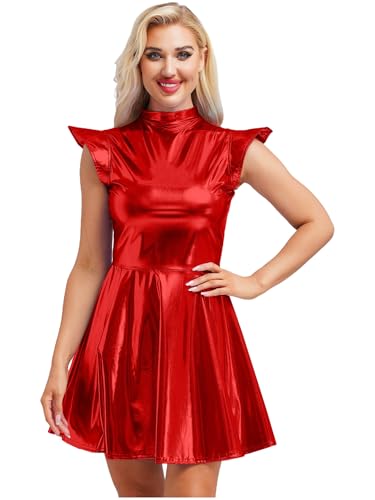 inhzoy Damen Metallic Kleid Glitzer Rave Party Tanzkleid Glänzend Holographic Skater Kleid Disco Karneval Kostüm Rot XXL inhzoy Damen Metallic Kleid Glitzer Rave Party Tanzkleid Glänzend Holographic Skater Kleid Disco Karneval Kostüm Rot XXL von inhzoy