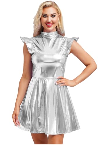 inhzoy Damen Metallic Kleid Glitzer Rave Party Tanzkleid Glänzend Holographic Skater Kleid Disco Karneval Kostüm Silber XXL inhzoy Damen Metallic Kleid Glitzer Rave Party Tanzkleid Glänzend Holographic Skater Kleid Disco Karneval Kostüm Silber XXL von inhzoy