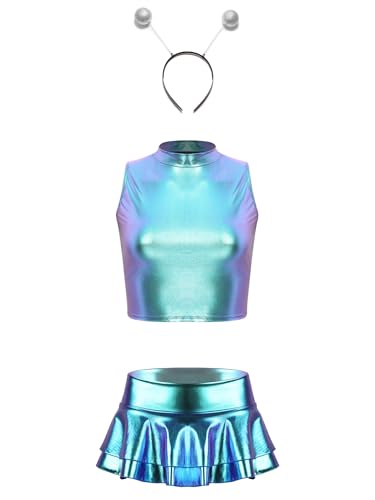 inhzoy Damen Space Kostüm Alien Galaxy Kostüm Karneval Alien Haarreif Glänzend Metallischer Mini Rock Shirt Set Fasching Disco Club Tanz Outfit Blau M von inhzoy