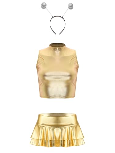inhzoy Damen Space Kostüm Alien Galaxy Kostüm Karneval Alien Haarreif Glänzend Metallischer Mini Rock Shirt Set Fasching Disco Club Tanz Outfit Gold XXL von inhzoy