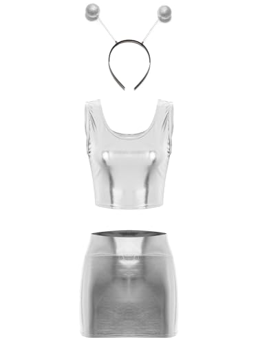 inhzoy Damen Space Kostüm Alien Karneval Galaxy Kostüm Alien Haarreif Glänzend Metallic Top Mini Rock Set Fasching Disco Club Tanz Outfit Silber Einheitsgröße inhzoy Damen Space Kostüm Alien Karneval Galaxy Kostüm Alien Haarreif Glänzend Metallic Top Mini Rock Set Fasching Disco Club Tanz Outfit Silber Einheitsgröße von inhzoy