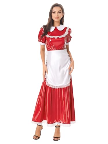 inhzoy Damen Wetlook Dienstmädchen Kostüm Spitze Leder Lack Maid Kleid Schürze Lang Set Fasching Karneval Cosplay Outfit Rot L inhzoy Damen Wetlook Dienstmädchen Kostüm Spitze Leder Lack Maid Kleid Schürze Lang Set Fasching Karneval Cosplay Outfit Rot L von inhzoy