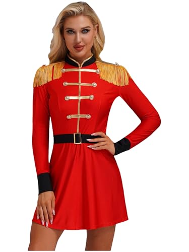 inhzoy Damen Zirkus Dompteur Kostüm Langarm Zirkusdirektor Kleid Mit Quasten Halloween Karneval Kostüm Cosplay Party Tanz Outfit Rot 4XL von inhzoy