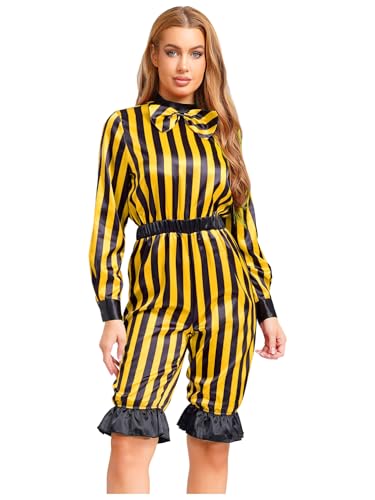 inhzoy Damen Zirkus Kostüm Clown Spaßmacher Cosplay Gestreifter Overall Mottoparty Karneval Halloween Kostüm Gelb&Schwarz L von inhzoy