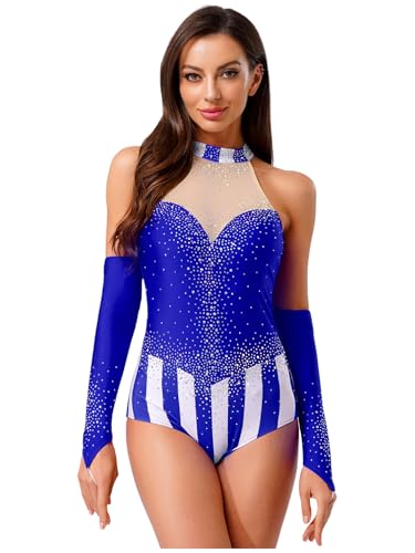 inhzoy Damen Zirkus Kostüm Zirkusdirektor Uniform Glitzer Strass Farbblock Body Und Handschuhe Halloween Fasching Tanzkostüm Königsblau S von inhzoy