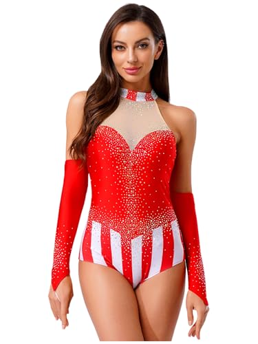 inhzoy Damen Zirkus Kostüm Zirkusdirektor Uniform Glitzer Strass Farbblock Body Und Handschuhe Halloween Fasching Tanzkostüm Rot S von inhzoy