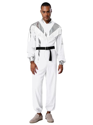 inhzoy Herren Astronaut Kostüm Astronauten Overall Metallic Space Cowboy Anzug Erwachsene Fasching Karnevalskostüme Weiß XXL von inhzoy