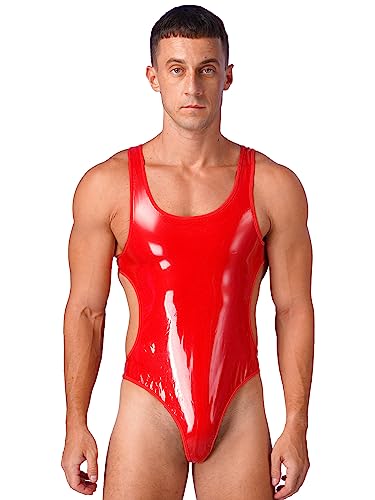 inhzoy Herren Bodysuit Wetlook Body String Thong Leotard Mit Beutel Pouch/Pennishülle Lack Leder Männerbody Unterhemd Einteile Unterwäsche F_Rot L von inhzoy