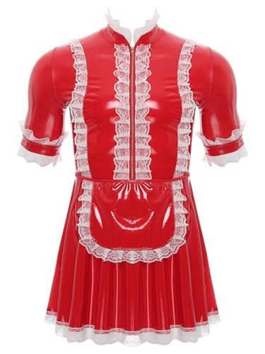 inhzoy Herren Dienstmädchen Kostüm Lack Kleid Sissy Putzfrau Kostüm Männer Karneval Halloween Junggesellenabschied Party Outfit Rot L von inhzoy