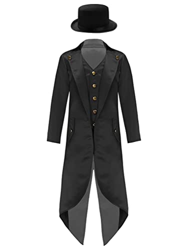 inhzoy Kinder Vintage Steampunk Frack Jacke Gothic Mittelalterlicher Kostüm Gericht Uniform Cosplay Langarm Gehrock Anzug Mantel Schwarz_B_Set 146-152 von inhzoy
