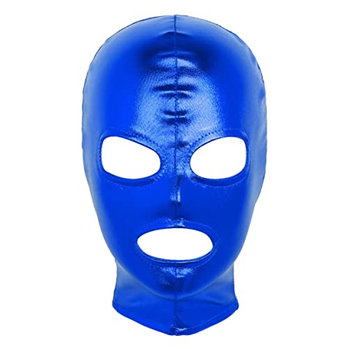 inhzoy Knechtschaft Metallic Wetlook Maske Fetisch Stretch Lederoptik Kopfmaske Kopfhaube mit Mundöffnung Augenöffnung Fasching Kostüm Party Blau Einheitsgröße von inhzoy