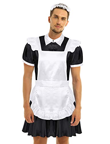 inhzoy Männer Sissy Dessous Crossdresser Maid Cosplay Kostüm Sexy Hausmädchen Kleid Satin Schlafanzug Unterwäsche Schwarz XL von inhzoy