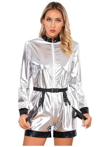 inhzoy Unisex Erwachsene Damen Herren Astronauten Kostüm Metallic Overall Halloween Fashingskostüm Weltraumfahrer Kostüm Spaceman Cosplay Outfit Silber_C L von inhzoy
