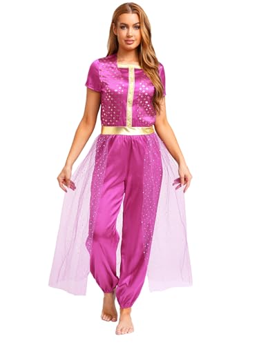 inlzdz Arabische Prinzessin Damen Cosplay Jumpsuit Pailletten Tüll Romper Halloween Kostüm Für Partys Raves Knalliges Pink S von inlzdz