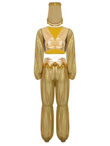 inlzdz Arabische Prinzessin Kostüm Für Damen Teiliges Set Glitzernde Pailletten Quaste Crop Top Mit Hose Schleier Gold S von inlzdz