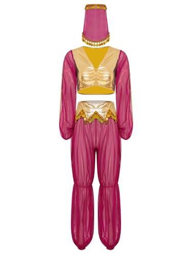 inlzdz Arabische Prinzessin Kostüm Für Damen Teiliges Set Glitzernde Pailletten Quaste Crop Top Mit Hose Schleier Knalliges Pink XXL von inlzdz