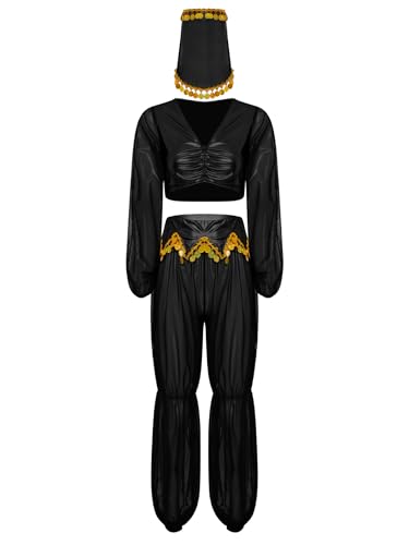 inlzdz Arabische Prinzessin Kostüm Für Damen Teiliges Set Glitzernde Pailletten Quaste Crop Top Mit Hose Schleier Schwarz L von inlzdz