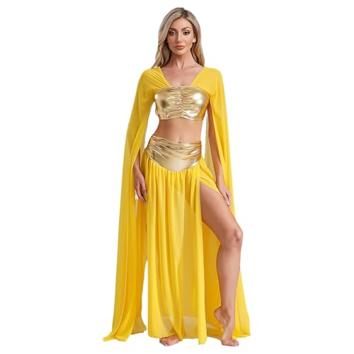 inlzdz Damen Ägyptische Königin Kostüm Kleopatra Rollenspiel Kostrüm Langarm Crop Top mit Rock Maxirock Mottoparty Fasching Kostüm Gold XXL von inlzdz