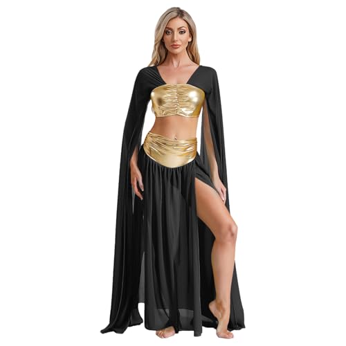 inlzdz Damen Ägyptische Königin Kostüm Kleopatra Rollenspiel Kostrüm Langarm Crop Top mit Rock Maxirock Mottoparty Fasching Kostüm Schwarz XXL von inlzdz