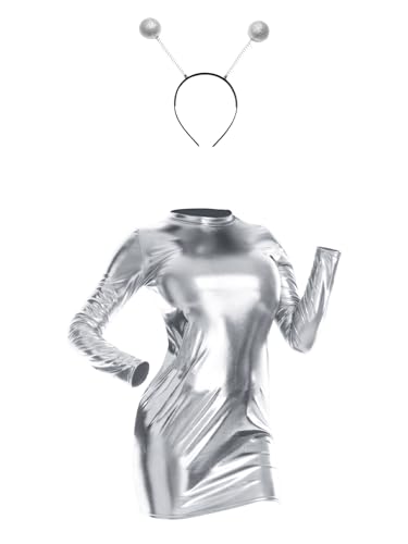 inlzdz Damen Alien Kostüm Metallic Partykleid Bodycon Kleider mit Stirnband Space Girl Rollenspiel für Halloween, Fasching, Karneval B Silber S von inlzdz