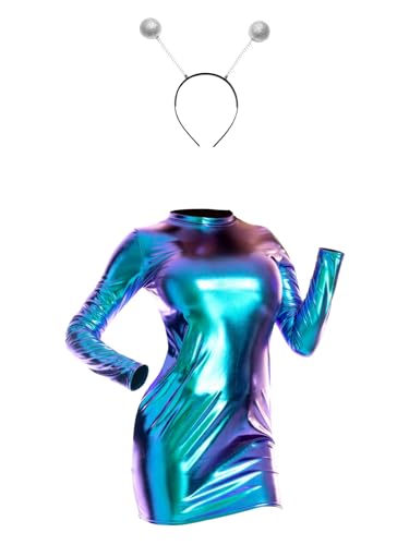 inlzdz Damen Alien Kostüm Metallic Partykleid Bodycon Kleider mit Stirnband Space Girl Rollenspiel für Halloween, Fasching, Karneval Blau L von inlzdz
