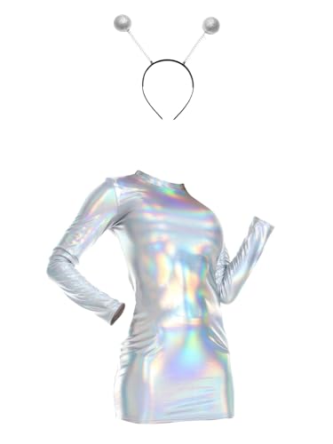 inlzdz Damen Alien Kostüm Metallic Partykleid Bodycon Kleider mit Stirnband Space Girl Rollenspiel für Halloween, Fasching, Karneval Ein silbernes M von inlzdz