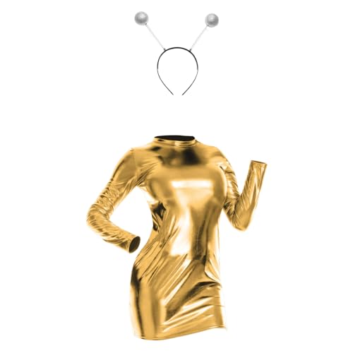 inlzdz Damen Alien Kostüm Metallic Partykleid Bodycon Kleider mit Stirnband Space Girl Rollenspiel für Halloween, Fasching, Karneval Gold XXL von inlzdz