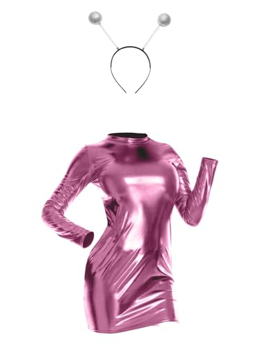 inlzdz Damen Alien Kostüm Metallic Partykleid Bodycon Kleider mit Stirnband Space Girl Rollenspiel für Halloween, Fasching, Karneval Rosa S von inlzdz
