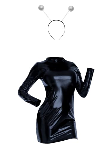 inlzdz Damen Alien Kostüm Metallic Partykleid Bodycon Kleider mit Stirnband Space Girl Rollenspiel für Halloween, Fasching, Karneval Schwarz M von inlzdz