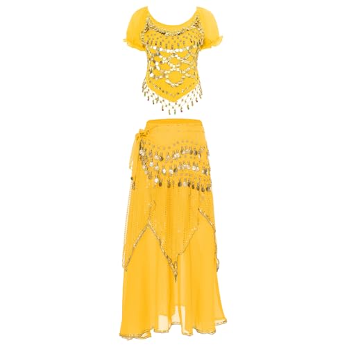 inlzdz Damen Bauchtanz Kostüm 3 teiliger Tanz Outfit Kurzarm Crop Top Tanzshirt Tanzrock Hüftgürtel mit Pailletten Perlen Halloween Fasching Kostüm Gelb M von inlzdz