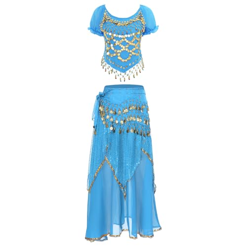 inlzdz Damen Bauchtanz Kostüm 3 teiliger Tanz Outfit Kurzarm Crop Top Tanzshirt Tanzrock Hüftgürtel mit Pailletten Perlen Halloween Fasching Kostüm Hellblau M inlzdz Damen Bauchtanz Kostüm 3 teiliger Tanz Outfit Kurzarm Crop Top Tanzshirt Tanzrock Hüftgürtel mit Pailletten Perlen Halloween Fasching Kostüm Hellblau M von inlzdz