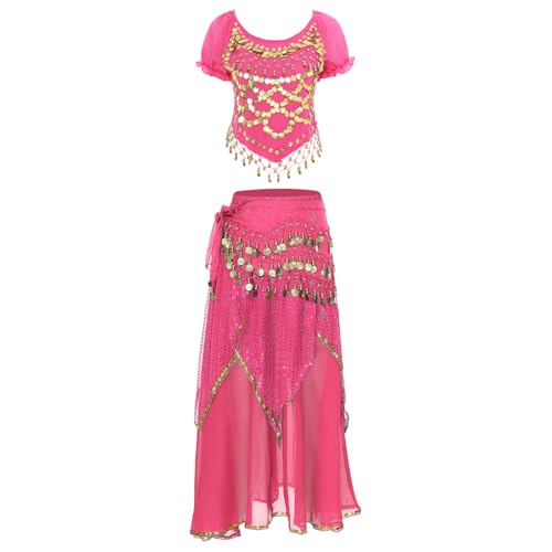 inlzdz Damen Bauchtanz Kostüm 3 teiliger Tanz Outfit Kurzarm Crop Top Tanzshirt Tanzrock Hüftgürtel mit Pailletten Perlen Halloween Fasching Kostüm Hot Pink M von inlzdz