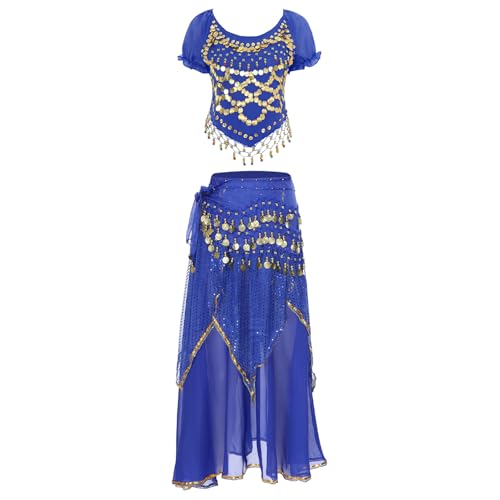 inlzdz Damen Bauchtanz Kostüm 3 teiliger Tanz Outfit Kurzarm Crop Top Tanzshirt Tanzrock Hüftgürtel mit Pailletten Perlen Halloween Fasching Kostüm Königsblau M inlzdz Damen Bauchtanz Kostüm 3 teiliger Tanz Outfit Kurzarm Crop Top Tanzshirt Tanzrock Hüftgürtel mit Pailletten Perlen Halloween Fasching Kostüm Königsblau M von inlzdz