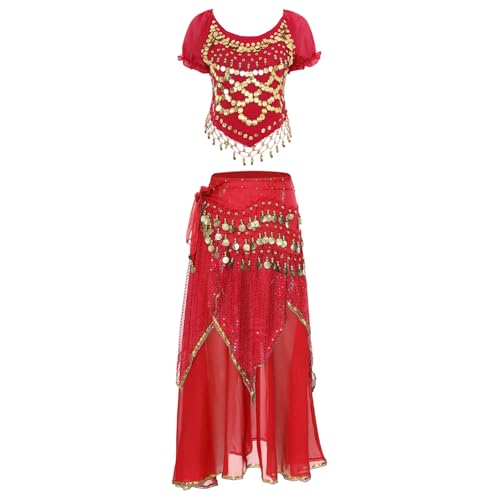 inlzdz Damen Bauchtanz Kostüm 3 teiliger Tanz Outfit Kurzarm Crop Top Tanzshirt Tanzrock Hüftgürtel mit Pailletten Perlen Halloween Fasching Kostüm Rot M von inlzdz